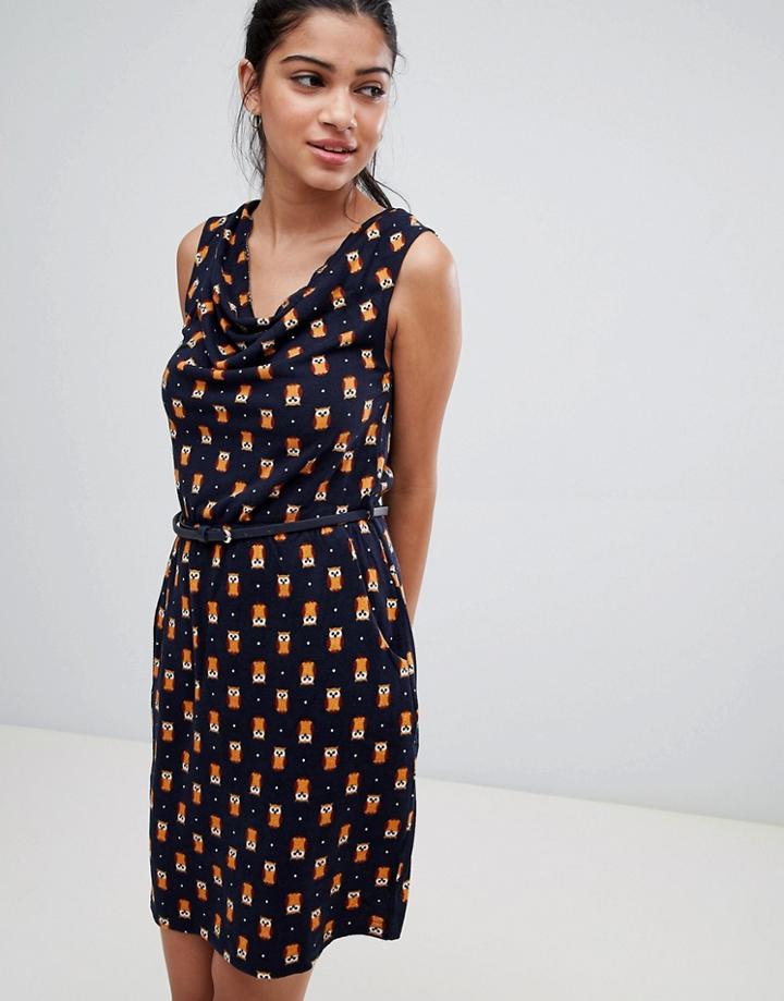 Qed London Owl Print Tulip Dress - Navy