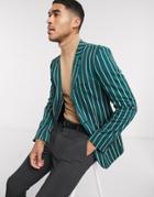 Asos Design Super Skinny Blazer In Forest Green Stripe With Gold Buttons