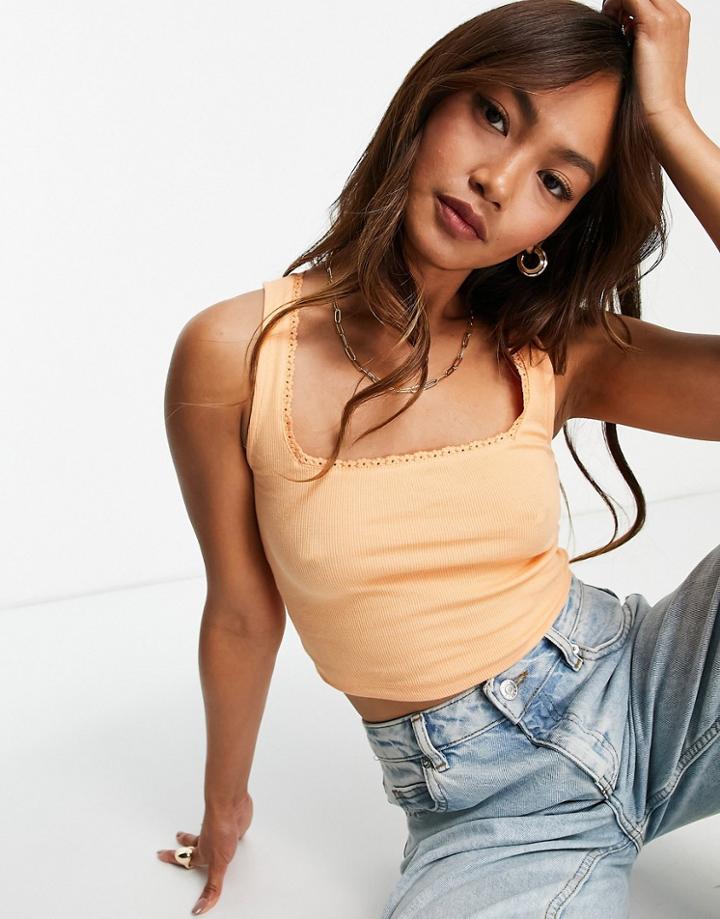 Asos Design Square Neck Cropped Tank With Lace Trim In Coral-purple