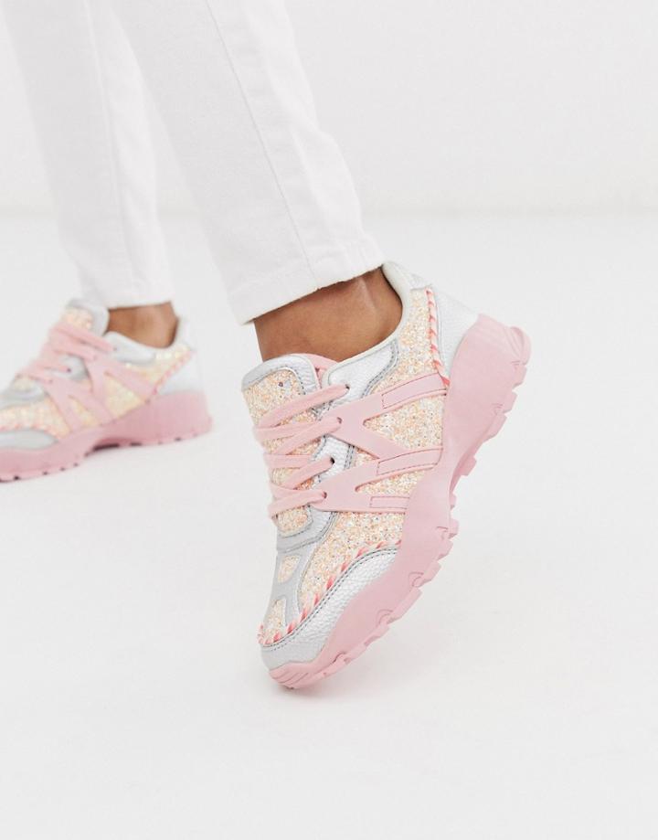 Asos Design Desired Chunky Sneakers In Silver/pink Glitter - Multi