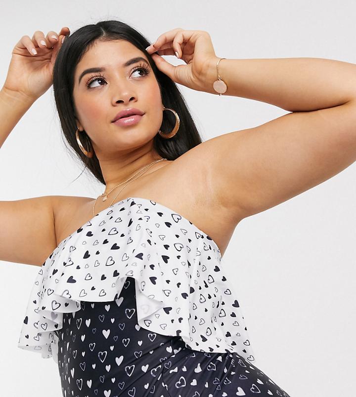 Brave Soul Plus Printed Swimsuit With Contrast Printed Frill-black