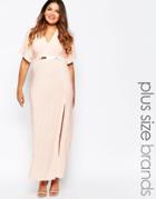 Club L Plus Size Belted Maxi Dress With Kimono Sleeves And Side Split - Nude