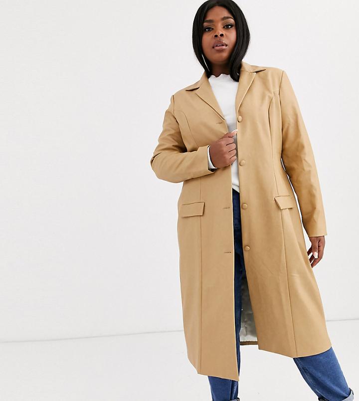 Unique21 Hero Plus Longline Jacket In Vintage Faux Leather-beige