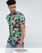 Asos Tall Longline T-shirt In Linen Look Fabric With Digital Floral - Black