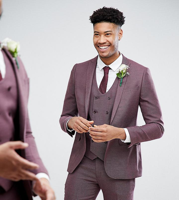 Asos Tall Wedding Skinny Suit Jacket In Damson Micro Texture - Purple