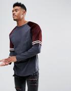 Asos Longline Long Sleeve Raglan T-shirt With Curved Hem And Velour Sleeves - Gray