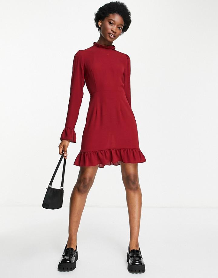 Asos Design Frill Neck Mini Dress With Fluted Three Quarter Sleeves In Oxblood-red