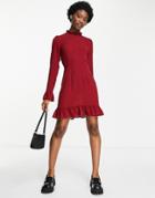 Asos Design Frill Neck Mini Dress With Fluted Three Quarter Sleeves In Oxblood-red