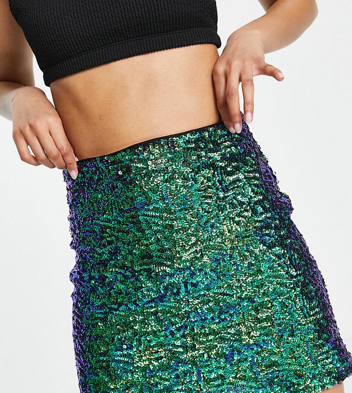 Asos Design Petite Mini Skirt In Green Sequin