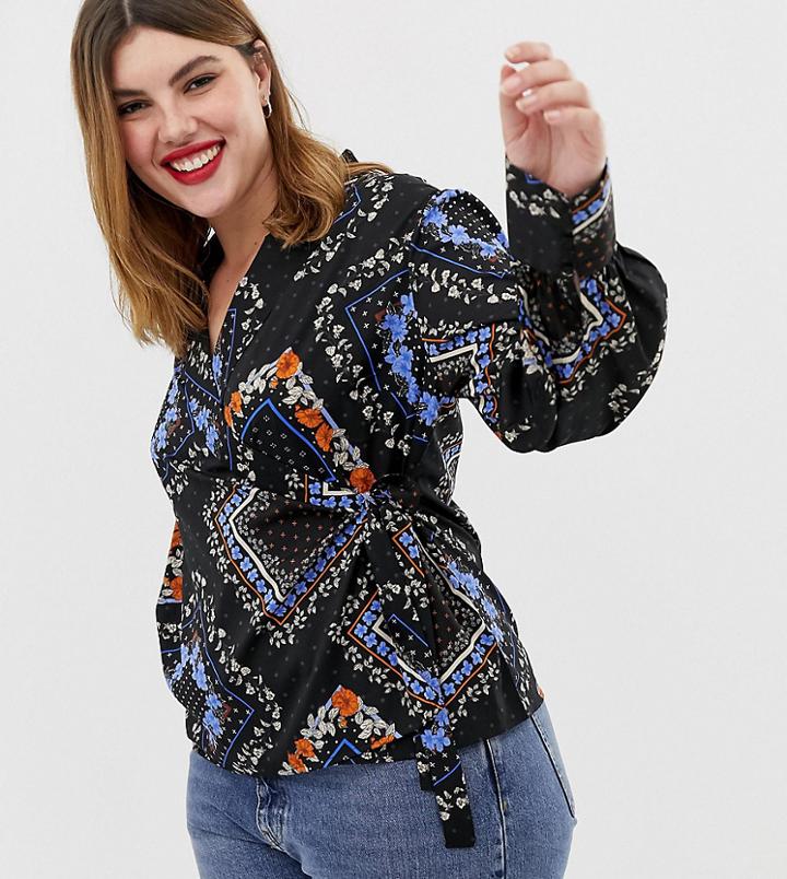 Influence Plus Blouson Sleeve Wrap Blouse - Black