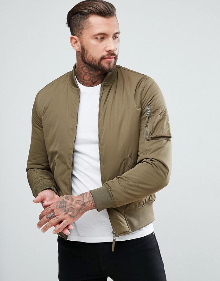 New Look Bomber Jacket With Ma1 Pocket In Khaki - Green