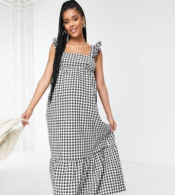 Fashion Union Maternity Maxi Beach Dress With Frill Detail In Gingham-multi