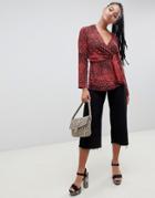 Asos Design Wrap Top With Tie Side In Tiger Print - Multi