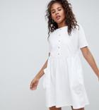 Asos Design Tall Mini Smock Dress With Pockets And Button Front - White