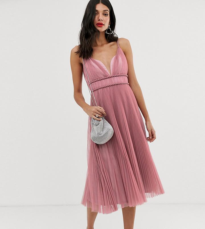 Asos Design Tall Pleated Tulle Midi Dress With Twist Detail - Pink