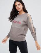 Amy Lynn Slogan Sweater With Cut Out Arm Detail - Gray