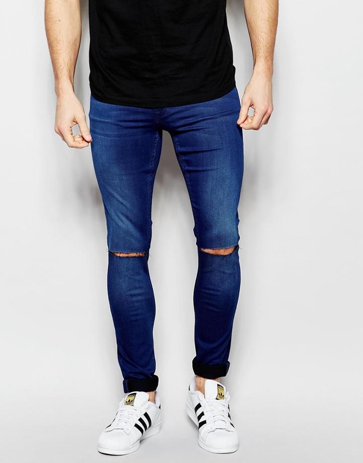 Asos Spray On Jeans With Knee Rips - Mid Blue