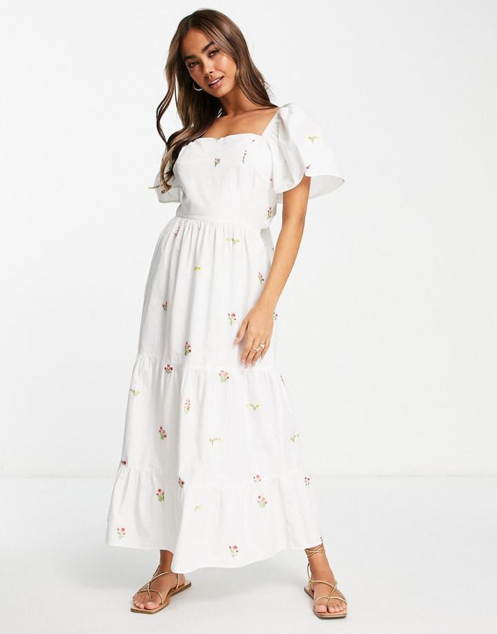 Miss Selfridge Bow Back Embroidered Poplin Maxi Dress In Cream-white