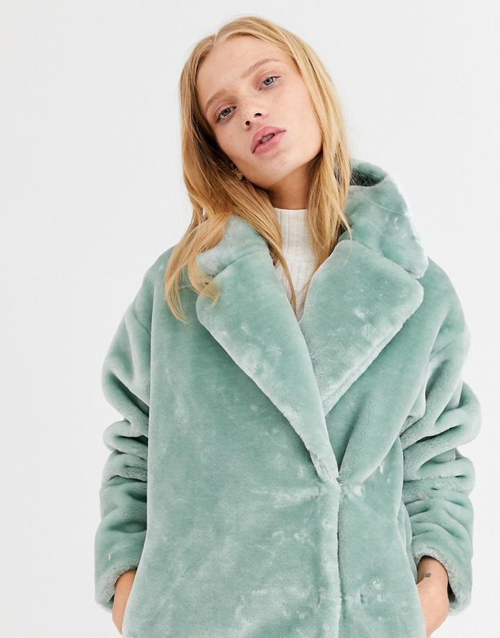 Monki Short Faux Fur Jacket In Sage Green