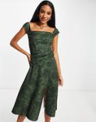 Asos Design Drape Bardot Soft Prom Dress In Green Shadow Floral