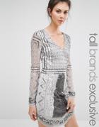 Maya Tall Long Sleeve Plunge Front Heavily Embellished Mini Dress - Gray