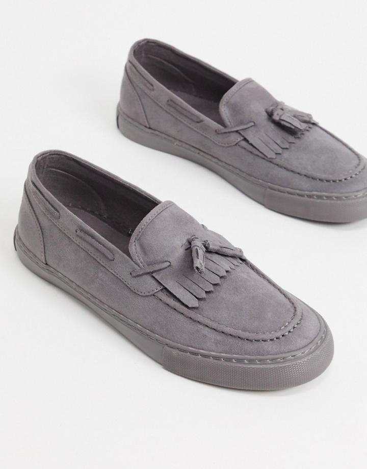 Asos Design Casual Loafer In Gray Faux Suede With Tassel-grey