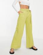 Missguided Linen Look Belted Wide Leg Pant In Sage-green