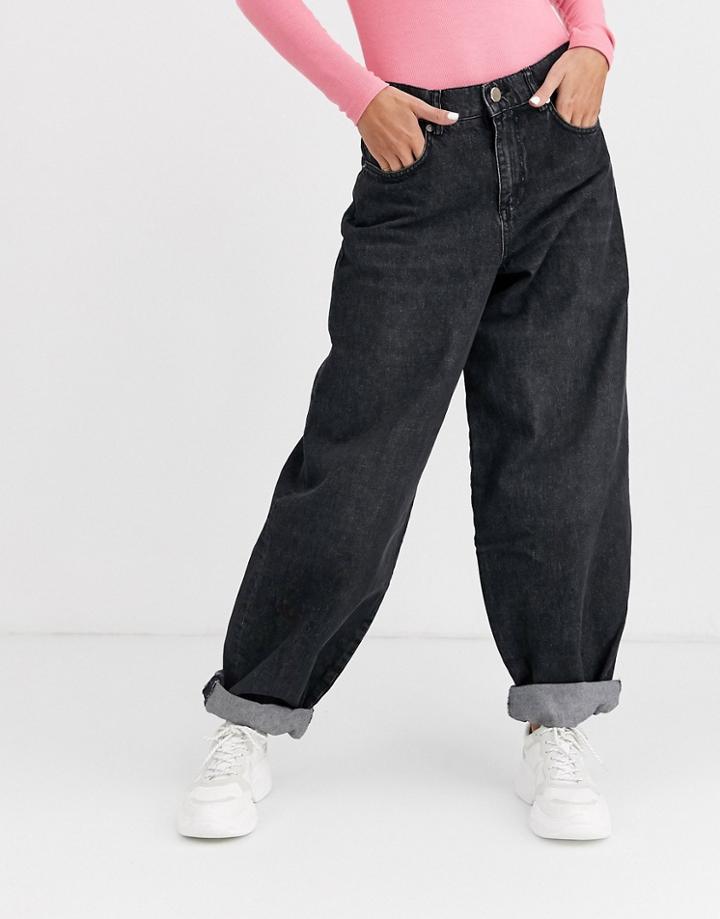 Asos Design Ovoid Boyfriend Jeans In Washed Black With Deep Turn Up Hem