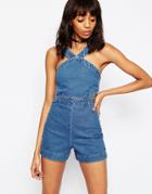 Asos Denim Piper Romper With Cut Out Sides - Blue