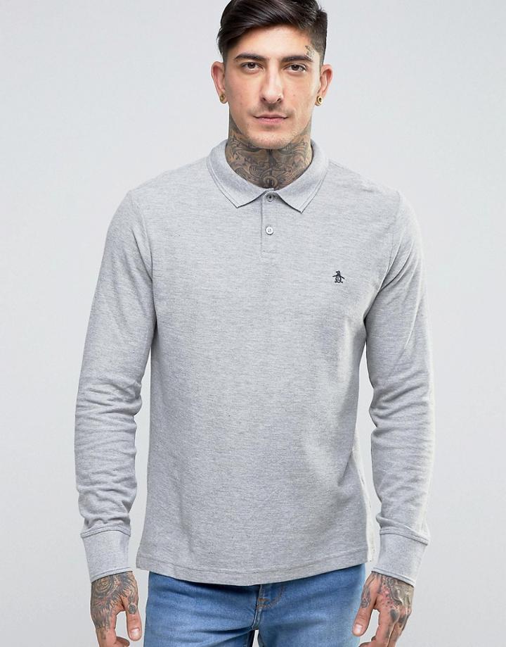 Original Penguin Winston Pique Polo Long Sleeve Slim Fit In Gray Marl