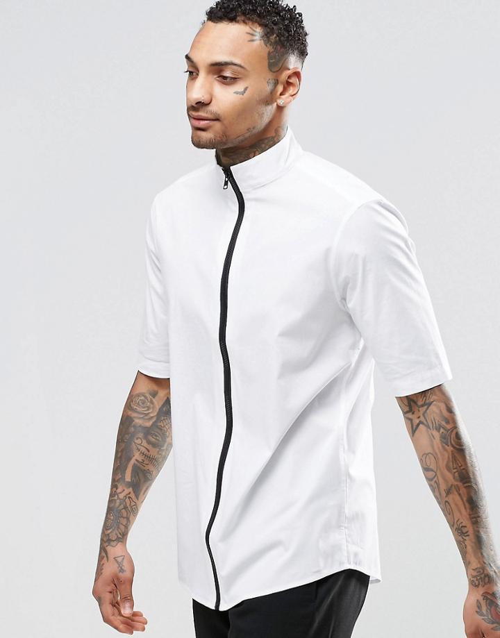 Asos White Shirt With Zip Through Funnel Neck And Half Sleeves - White