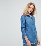 Noisy May Tall Denim Shirt With Floral Embroidery - Blue