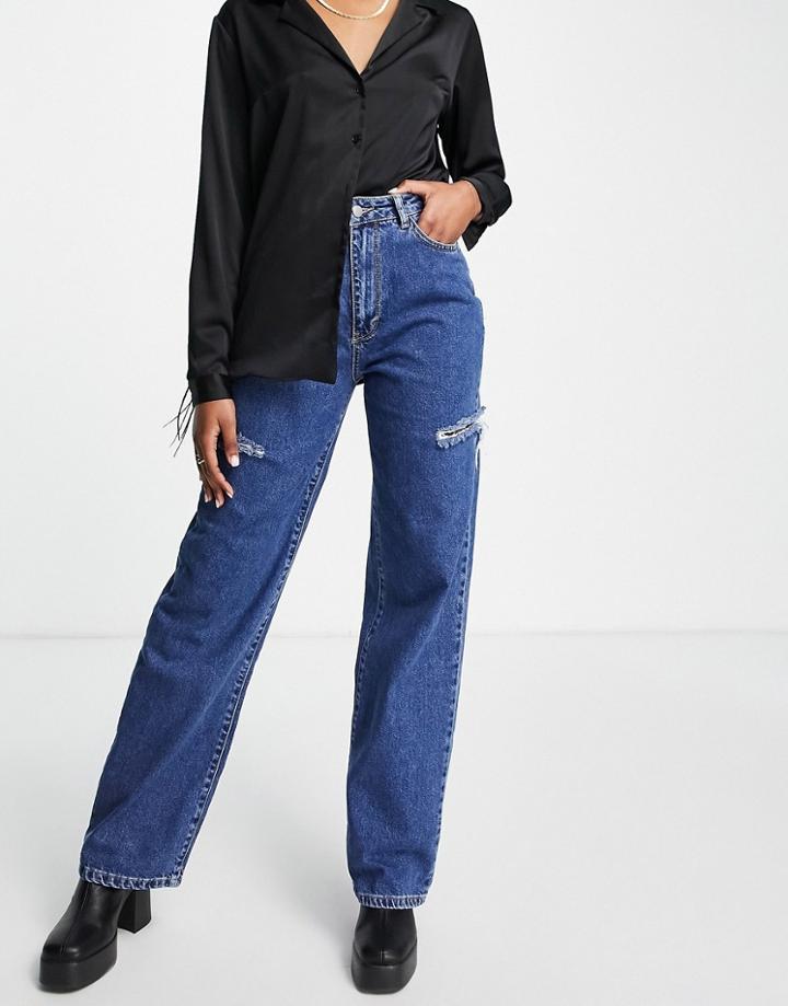 I Saw It First Thigh Rip Baggy Jeans In Dark Wash-black