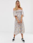 Nobody's Child Shirred Midi Dress In Floral - Blue