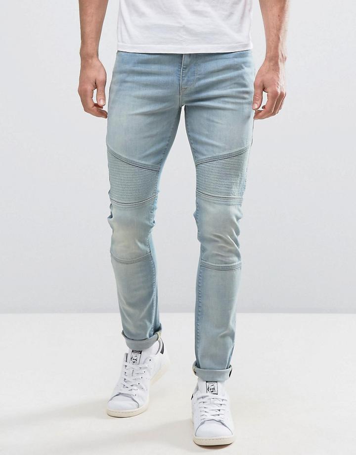 Asos Super Skinny Biker Jeans In Bleach Washed Blue - Blue