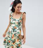 Asos Design Maternity Frill Sleeve Button Front Sundress In Tropical Print - Multi