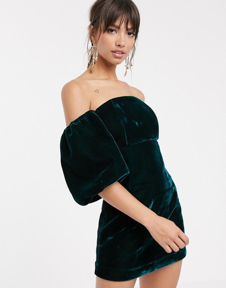Asos Edition Puff Sleeve Off Shoulder Mini Dress In Velvet-green