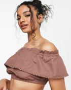 Threadbare Beach Ruffled Shorts And Crop Top Set In Chocolate-brown