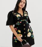 Asos Design Curve Embroidered Button Through Mini Tea Dress-black