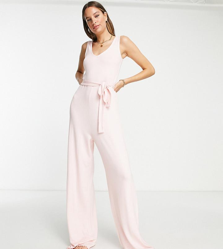 Asos Design Tall Lounge Super Soft Waist Tie Jumpsuit With Lettuce Hem In Pink