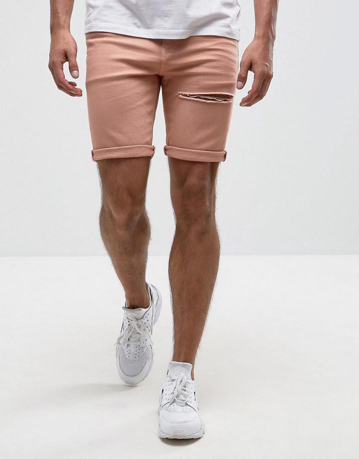 Asos Denim Shorts In Super Skinny Pink With Thigh Rip - Pink