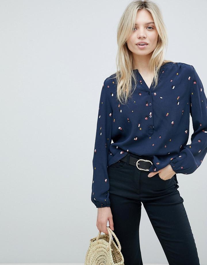 B.young Printed Collarless Blouse - Navy