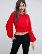 Fashion Union Bishop Sleeve Cropped Knitted Sweater - Red
