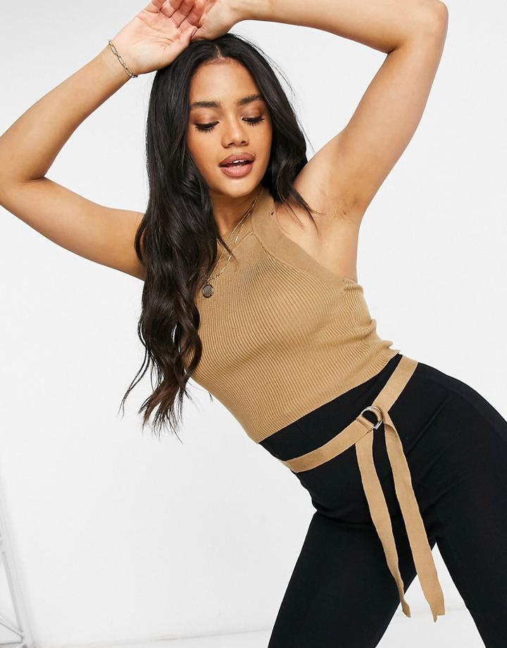 4th & Reckless Knit Crop Top With Tie-round Detail In Beige-neutral