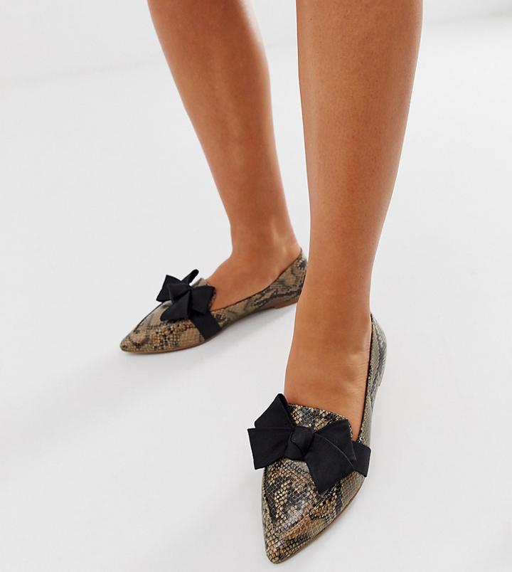 Asos Design Wide Fit Ludo Bow Ballet Flats Loafers In Snake-beige