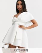 Asos Design Petite Fallen Shoulder Mini Skater Dress With Tie Detail-white