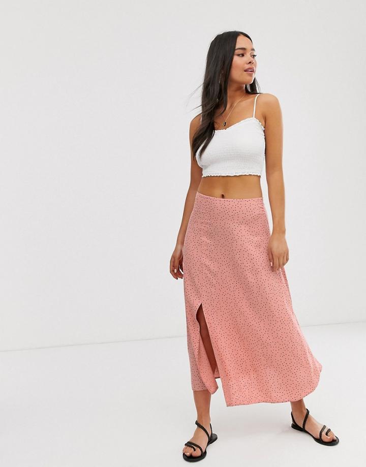 New Look Split Midi Skirt In Pink Polka Dot