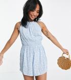 Pieces Petite Tie Shoulder Romper In Blue & White Spot-blues