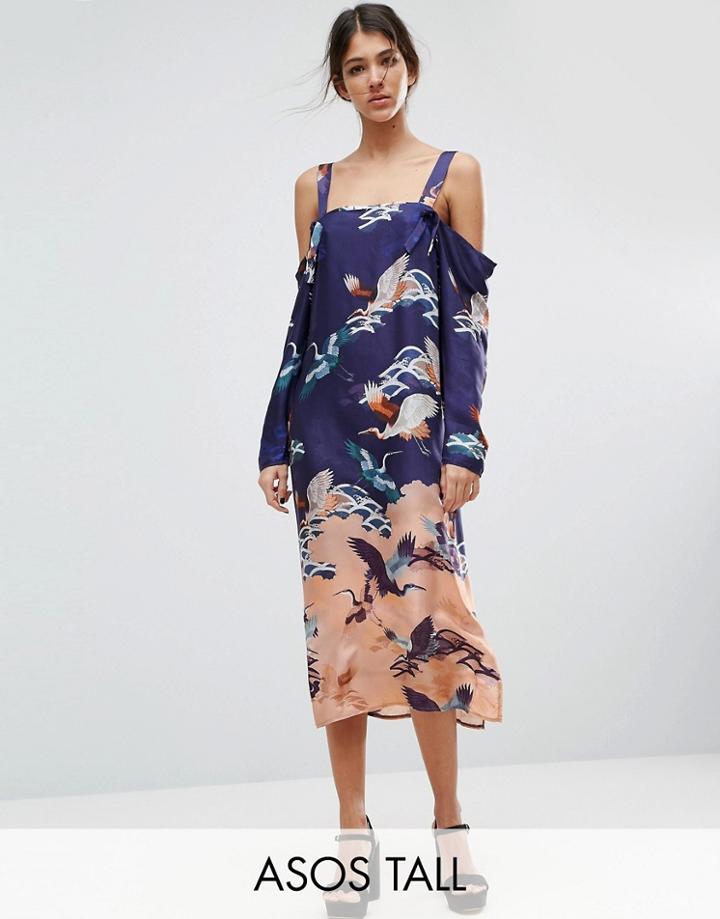 Asos Tall Cold Shoulder Dress In Bird Floral Print - Multi