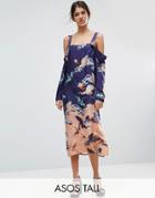 Asos Tall Cold Shoulder Dress In Bird Floral Print - Multi